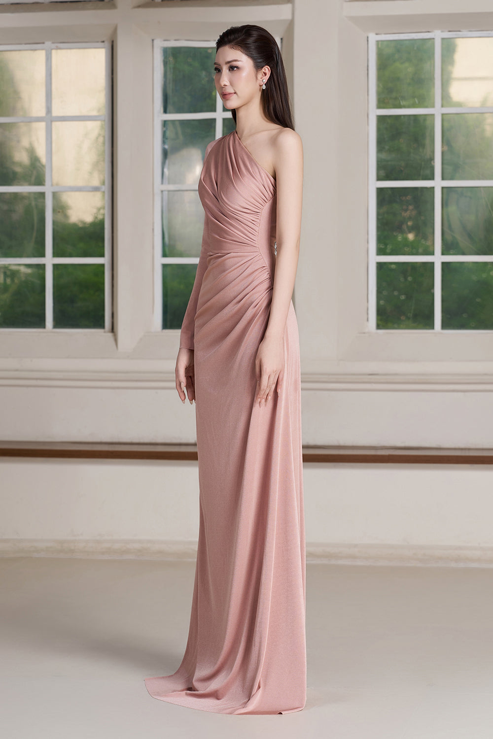 Ely Jersey Asymmetric Sleeve Maxi Dress